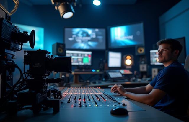 Vue de l'intérieur du studio de production audiovisuelle de rugbyparty à Paris, montrant des équipements professionnels.