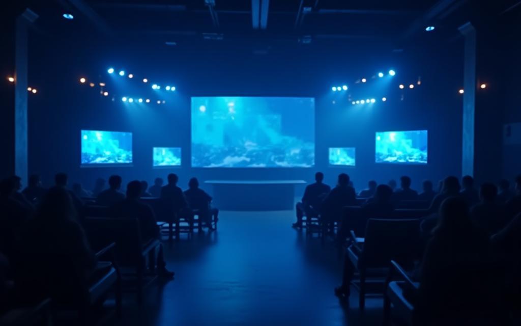 Scène dynamique de production audiovisuelle ou capture d'écran d'un film en streaming, illustrant le divertissement à domicile.